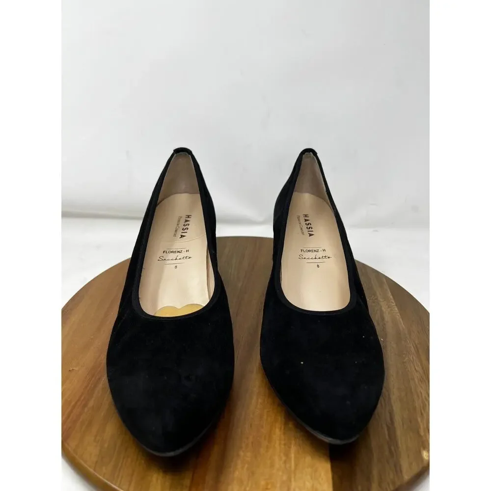 Hassia Shoe Womens 8 Black‎ Suede Block Heel Pump Slip On
